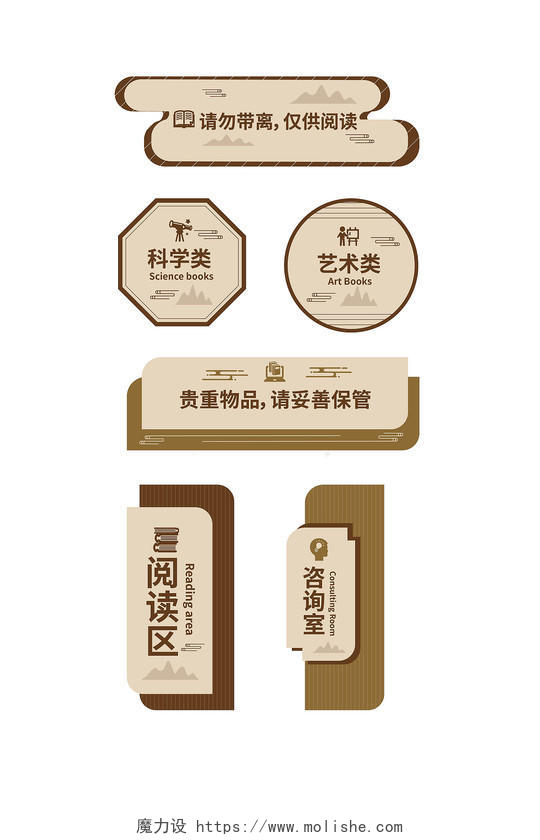 褐色创意中国风图书馆书店导视指示牌标识设计图书馆标识